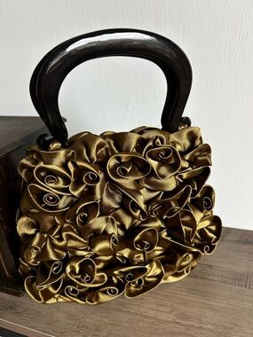 Olive Green Satin Rosettes Petite Handbag with Black Handle